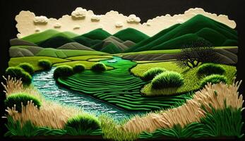 , cute farm landscape made of crochet with trees, river, green grass. Dreamy agricultural scene made of wool materials, fabric, yarn, sewing for background photo