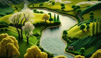 , cute farm landscape made of crochet with trees, river, green grass. Dreamy agricultural scene made of wool materials, fabric, yarn, sewing for background photo