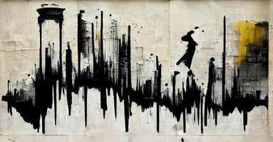 , Ink black street graffiti art on a textured paper vintage background, inspired by Banksy. photo