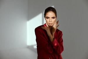 attractive brunette bright makeup red jacket glamor photo