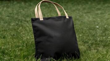 , Realistic black tote canvas fabric bag set-up on the green grass, shopper mock up blank. photo