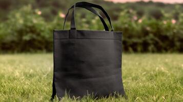 , Realistic black tote canvas fabric bag set-up on the green grass, shopper mock up blank. photo