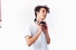 funny man curly hair headphones music technology photo