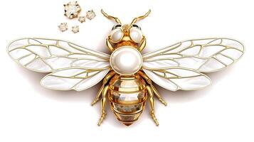 , beautiful honey bee brooch, opal stone and golden color palette isolated on white background. Bijouterie, jewelry close up photo