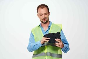 man in construction uniform virtual reality glasses construction photo