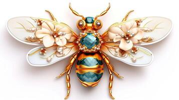 generativo ai, hermosa miel abeja broche, ópalo Roca y dorado color paleta aislado en blanco antecedentes. bisutería, joyería cerca arriba foto