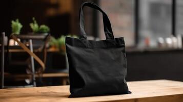 , Realistic black tote canvas fabric bag set-up in at home interior, mug mock up blank. photo