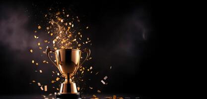 , Winner trophy with flames, golden champion cup with falling confetti on dark background photo