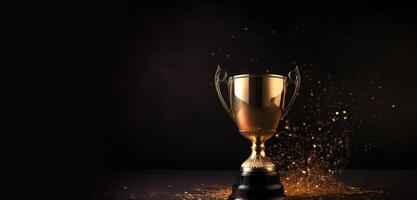 , Winner trophy with flames, golden champion cup with falling confetti on dark background photo