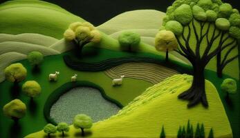 , cute farm landscape made of crochet with trees, river, green grass, farm animals. Dreamy agricultural scene made of wool materials, fabric, yarn, sewing for background photo