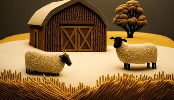 , cute farm landscape made of crochet with trees, river, green grass, farm animals. Dreamy agricultural scene made of wool materials, fabric, yarn, sewing for background photo