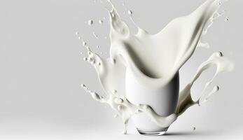 , Flowing liquid with splashes in white color. Glossy cream milk fluid banner, 3D effect, modern macro photorealistic abstract background illustration. photo