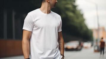 , Realistic white T-Shirt mock up blank put on young man, copyspace for presentation advertising. Blank business concept photo