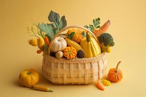 Fruits and vegetables in a basket on a yellow background. Healthy food. photo