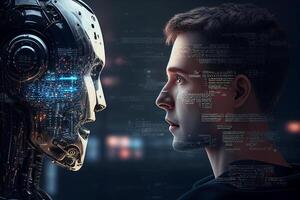 A robot and a man face to face photo