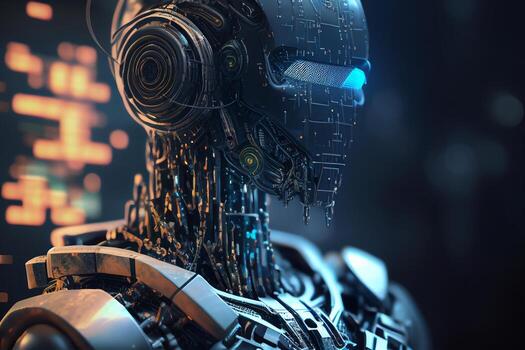 3d rendering robot or cyborg with circuit board on dark background photo