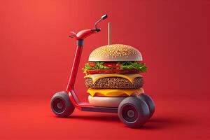 amburger with scooter isolated on red background. 3d illustration photo