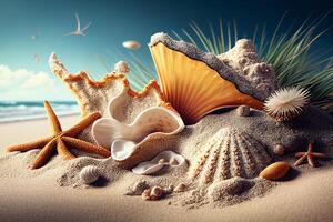 Seashells and starfish on the beach. Summer concept photo