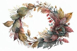 Watercolor floral wreath on white background. Hand painted illustration. photo