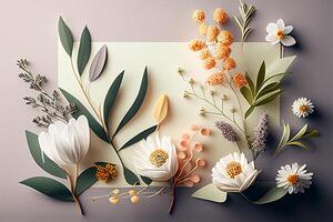 Creative layout made of flowers and leaves on grey background. Flat lay. Nature concept. photo