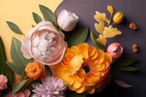 Creative layout made of flowers and leaves on grey background. Flat lay. Nature concept. photo