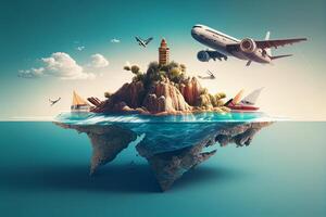 Airplane flying over tropical island with palm trees. 3d rendering photo