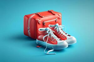 Sneakers and suitcase on a blue background. 3d rendering photo