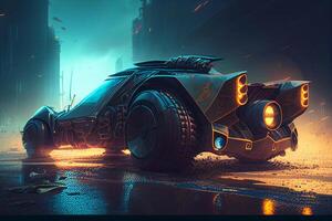 Futuristic car in the smoke. 3d rendering. Mixed media photo