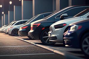 row of cars in parking lot. 3d rendering toned image photo