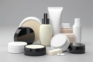 Set of white cosmetic products on a gray background. 3d rendering photo