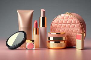 Cosmetic products on a pink background. 3d rendering. 3d illustration. photo