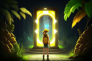 Little girl in a dark forest with a flashlight. 3D rendering photo