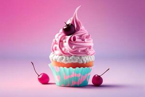 Cupcake with pink cream on a pink background. 3d rendering photo