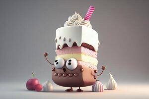 Funny birthday cake with eyes and mouth, 3d render. photo