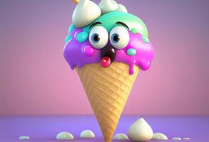 Funny ice cream character on blue background. 3D Rendering photo