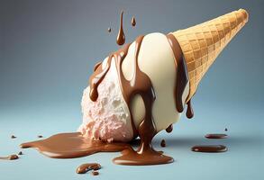 ice cream with chocolate and caramel on a yellow background. 3d rendering photo