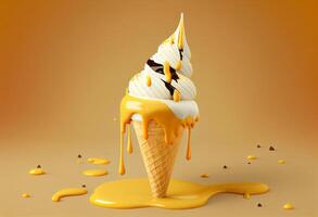 ice cream with chocolate and caramel on a yellow background. 3d rendering photo