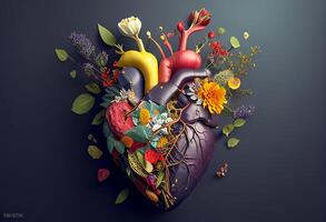 Human heart with flowers and leaves on dark background. 3d illustration photo