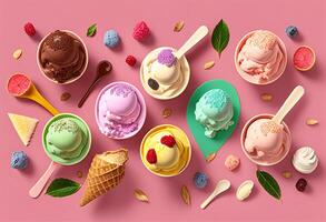 Colorful ice cream scoops in bowls and spoons on pink background photo