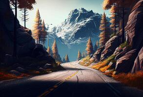 Beautiful mountain landscape with asphalt road and blue sky. 3d rendering photo