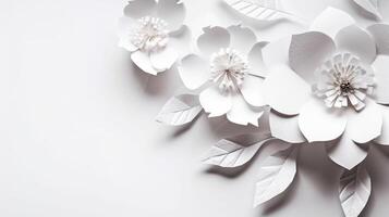 , Paper cut craft flowers and leaves, white color, floral origami textured background, spring mood. Photorealistic effect. photo