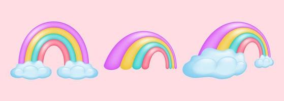 Collection of 3D cartoon rainbows in vibrant colors. Cartoon rainbow in different positions, with and without clouds. Vector illustration.