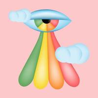 arco iris humano ojo con de colores rayos entre el nubes en un rosado antecedentes. el ojo emite un arcoíris. símbolos de años 70, años 80, 90s en popular Arte estilo. psicodélico diseño 3d. vector ilustración.