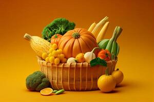 frutas y vegetales en un cesta en un amarillo antecedentes. sano alimento. generativo ai foto