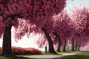 Beautiful spring landscape with blooming sakura trees. 3d rendering photo