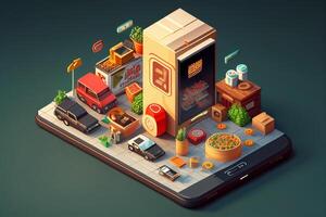 Online delivery service concept. 3d isometric illustration of online delivery service. photo