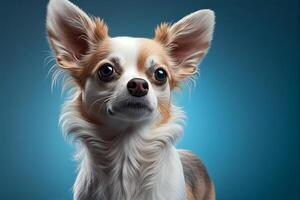 Portrait of a cute chihuahua dog on blue background photo