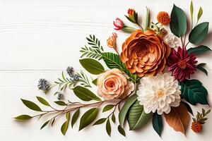 Flowers composition on wooden background. Flat lay, top view, copy space photo