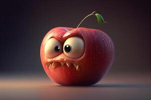 gracioso manzana con ojos y boca, 3d ilustración generativo ai foto
