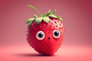 Strawberry with funny face on red background. 3d illustration photo